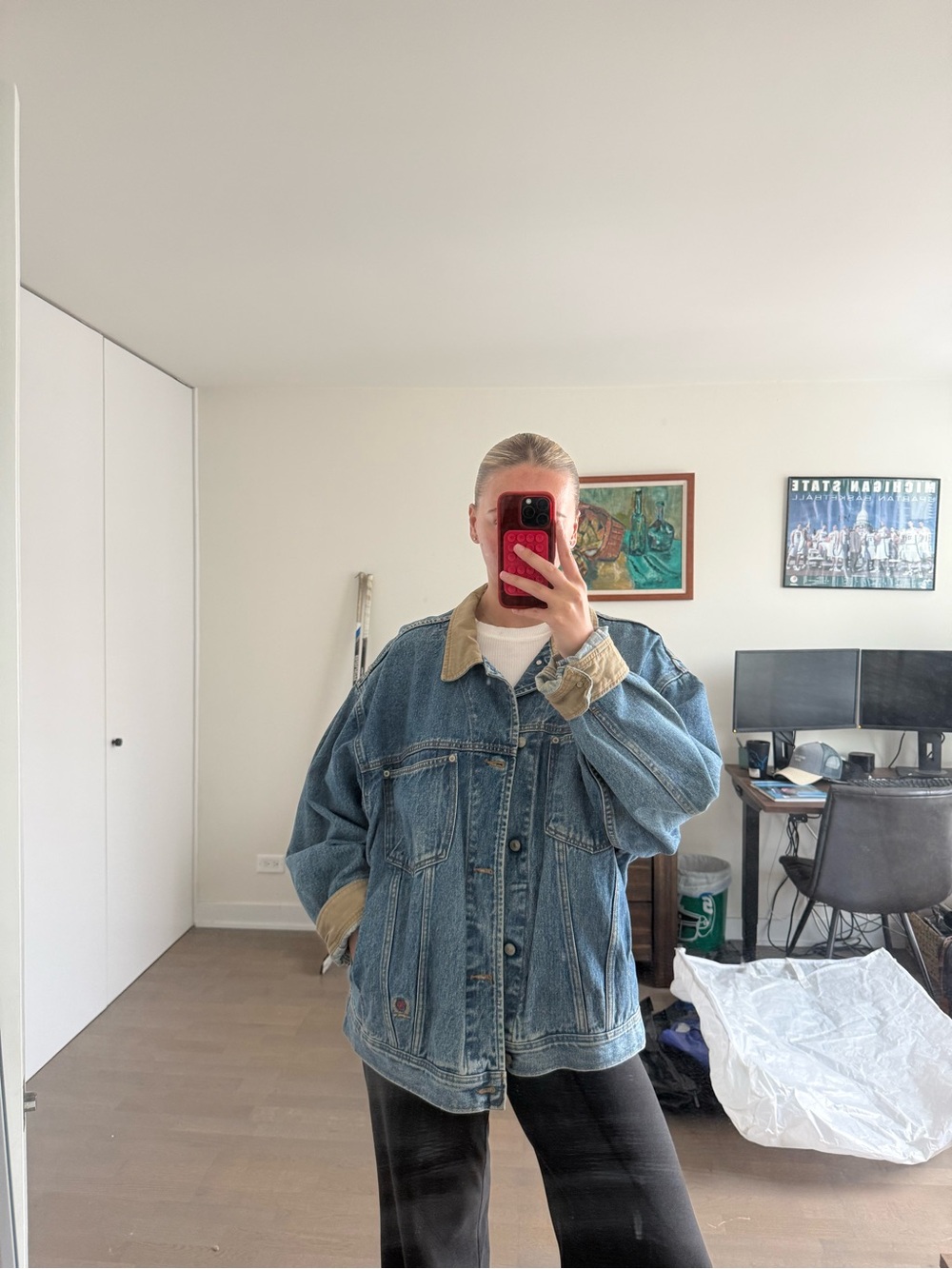 Vintage Tommy Hilfiger Light Blue Denim Jacket, Tan Collar and Red-White Logo